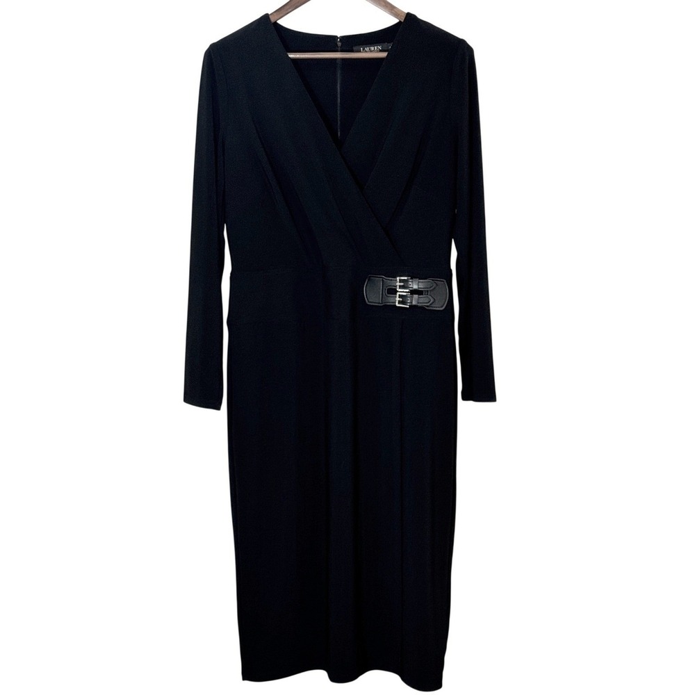 Lauren Ralph Lauren Black Faux Wrap Buckle Sheath Dress Womens 12 Long Sleeve - Picture 2 of 10